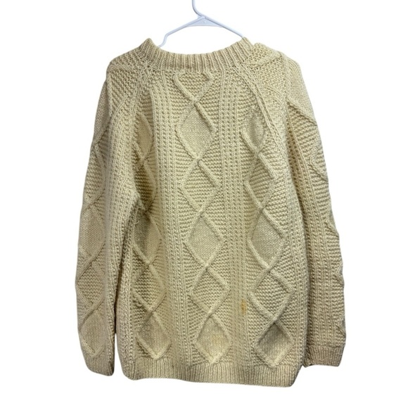 Vintage Wool Cable Knit Sweater Cream Women L Men M Fisherman Handmade Handknit - Picture 1 of 6